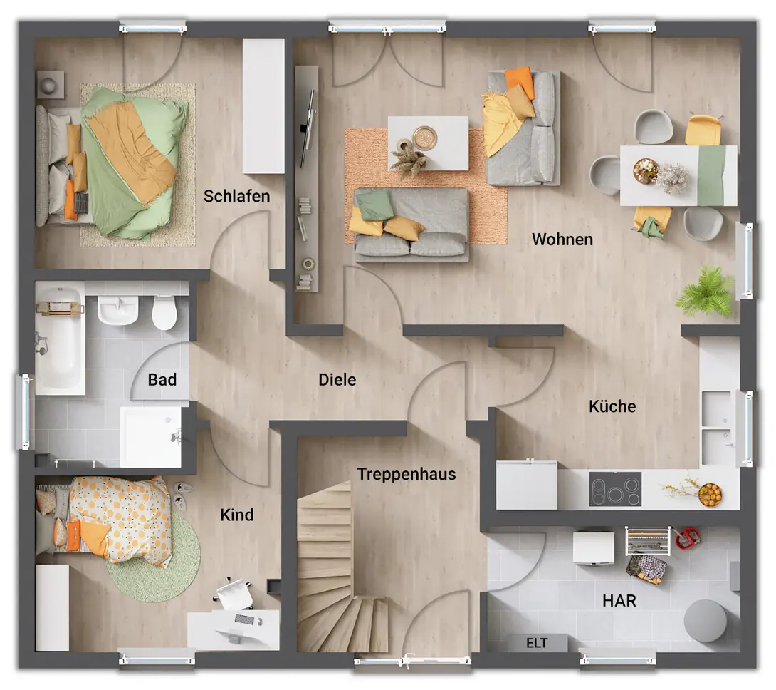 Grundriss-Einfamilienhaus-Mitwachshaus-Flair-148-Erdgeschoss-mit-Einliegerwohnung